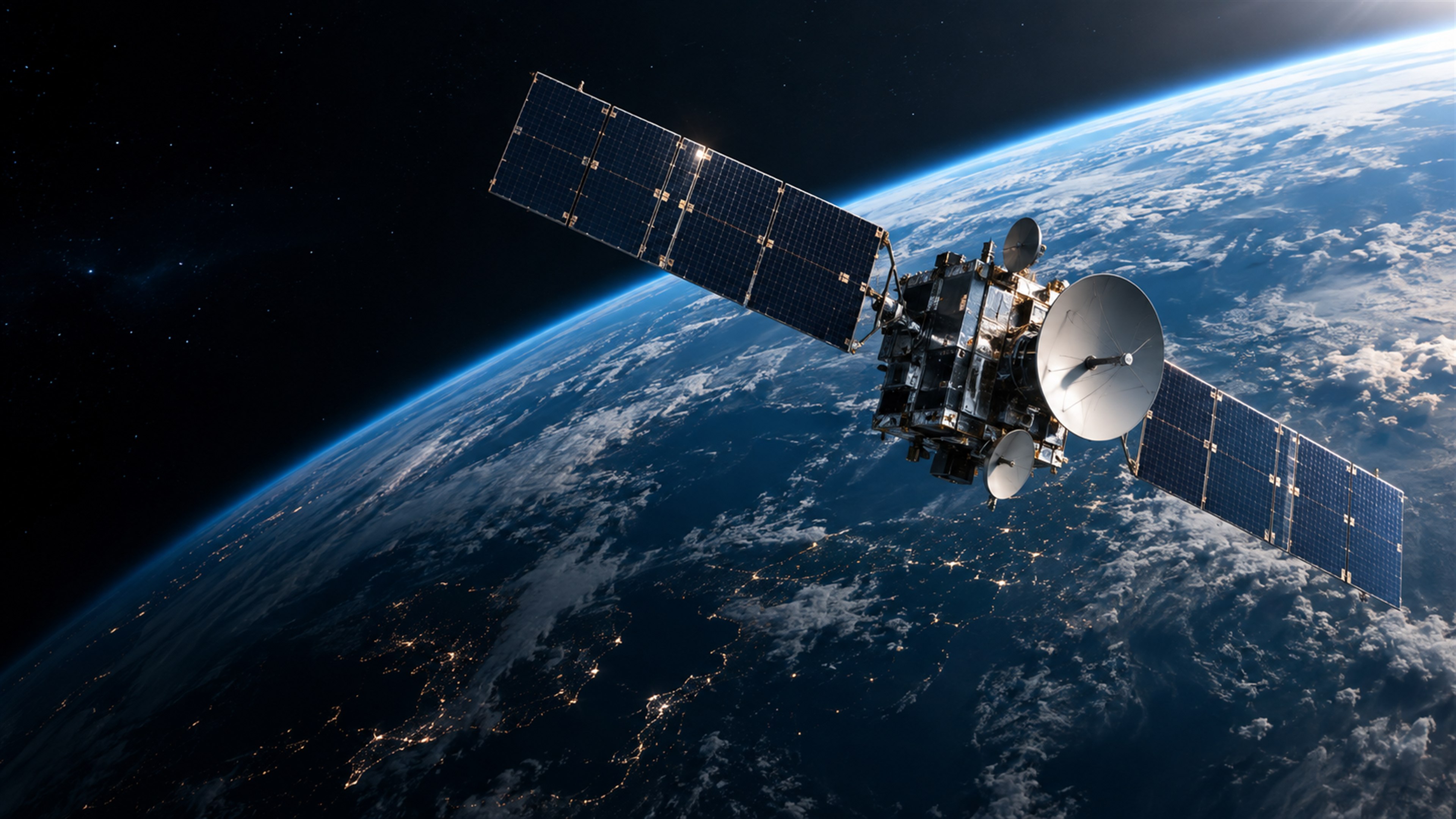 Communications satellite above Earth's blue atmosphere